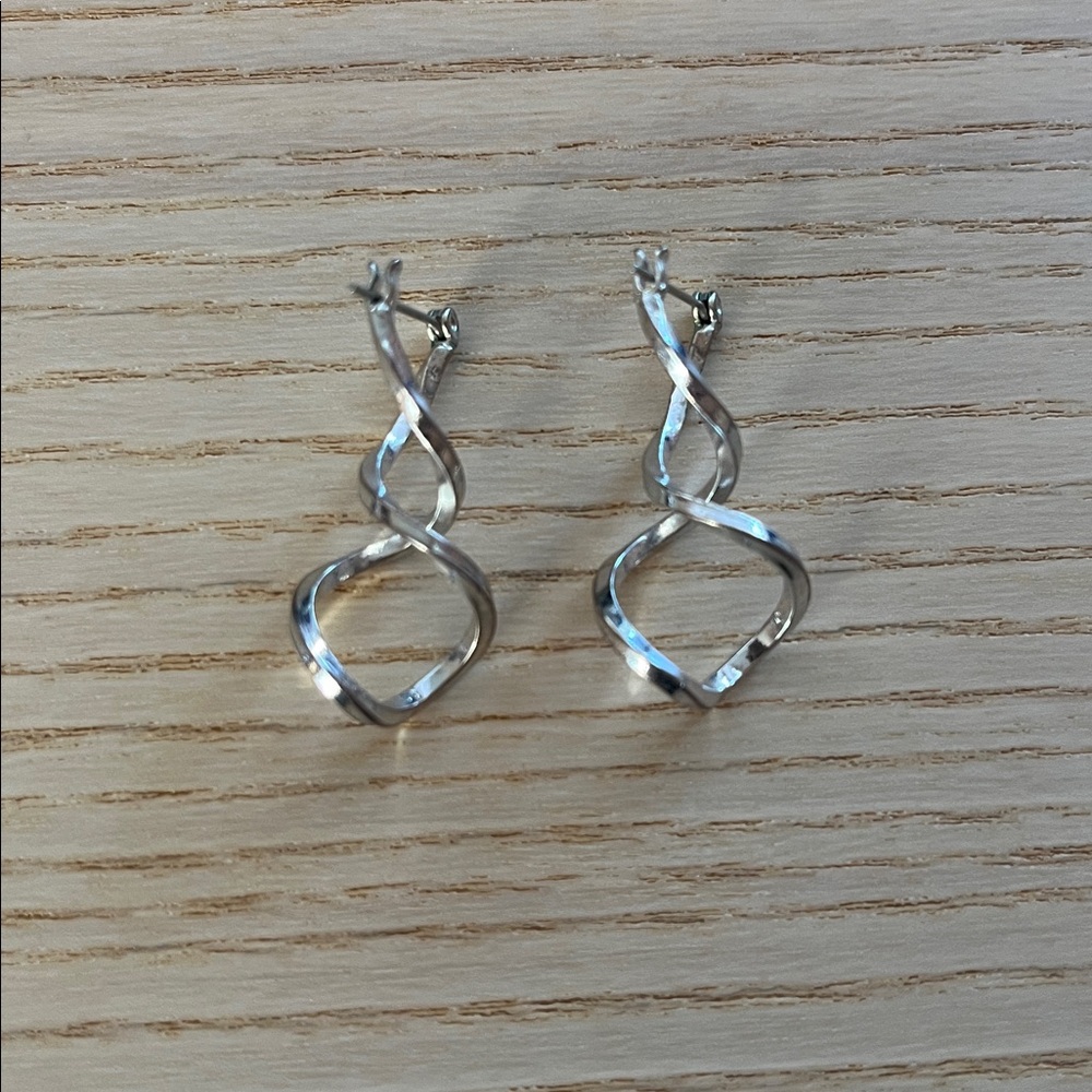 Silver Tone Double Spiral Twist Dangly Drop Earrings